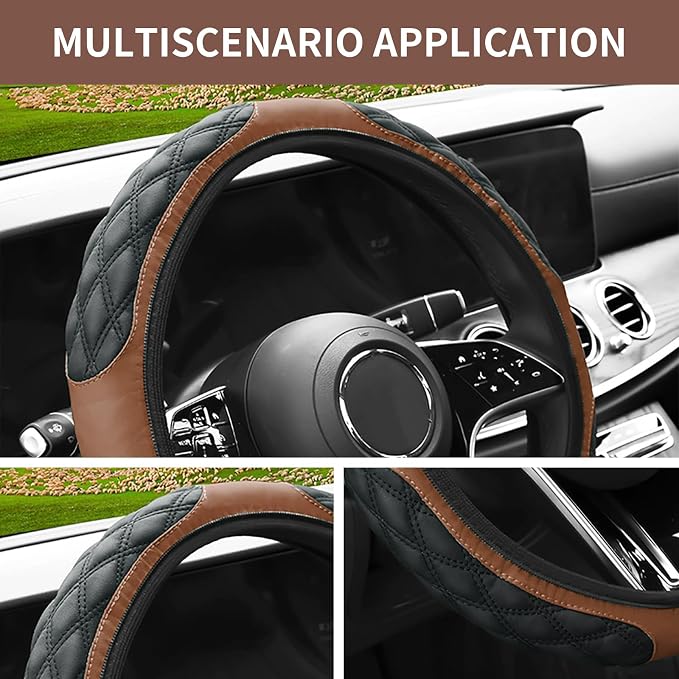15 Inch Leather Steering Wheel Cover, Automotive Accessories Breathable Anti-Slip Elastic Soft Wheel Protector, Fit for Most SUVs Trucks and RVs (Coffee)