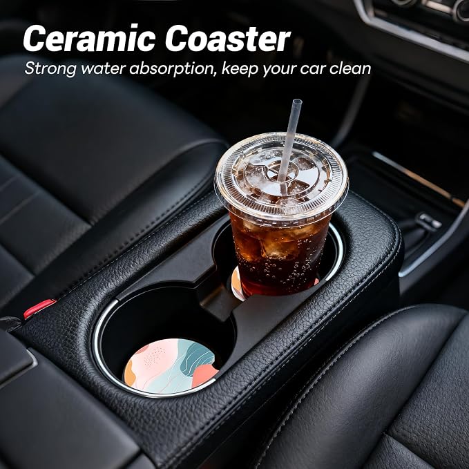 2 Pack Ceramic Car Coasters for Cup Holder, 2.56 in Anti Slip Absorbent Coaster with Cork Base and Finger Notch, Funny Cute Car Accessories for Women, Boho Lines