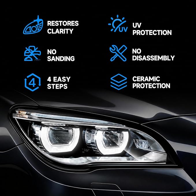 Fvquhvo Headlight Restoration Kit, Headlight Oxidation Remover with UV Protection Coating, Headlight Lens Restorer & Cleaner for Yellowing & Cloudy Lenses, Headlight Polishing Kit, Quick & Easy DIY