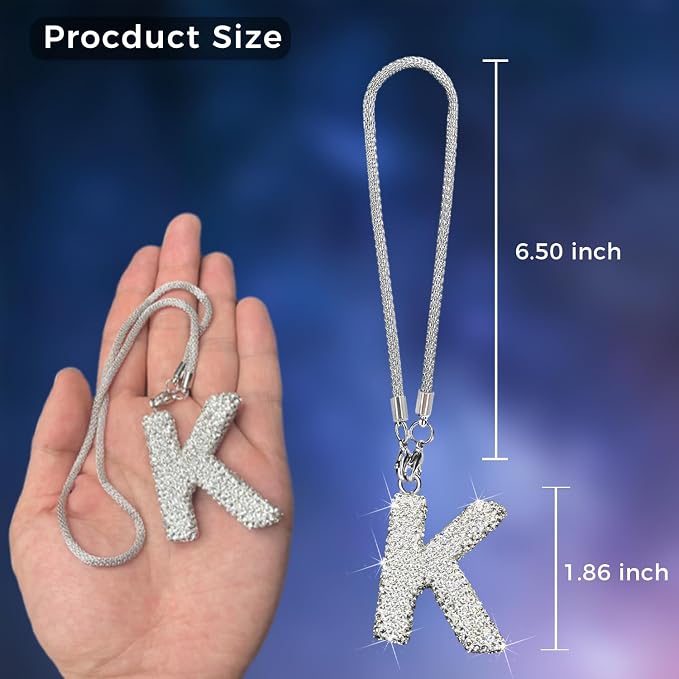 Bling Car Accessories for Women, Letter Charm Rear View Mirror Ornament Cute Hanging Crystal Pendant Girly Car Decorations, Lucky Diamond Rhinestone Car Charm Interior (White K)
