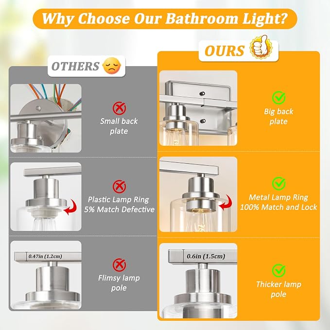 Unicozin 4-Light Bathroom Light Fixtures, Modern Vanity Lights with Clear Glass Shades, Brushed Nickel Bathroom Wall Lamp for Mirror Living Room Cabinet Bedroom