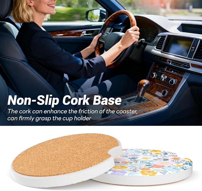 Car Cup Holder Ceramic Coasters 2 Pack, 2.56 in Anti Slip Absorbent Coaster with Cork Base and Finger Notch, Funny Cute Car Accessories Interior for Women, Garden