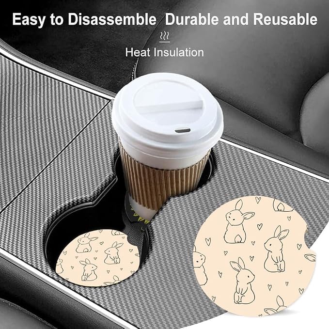 Absorbent Car Cupholder Coaster 2 Pack, Cute Car Coasters with a Finger Notch for Women & Men,2.56" Ceramic Stone & Non-Scratch Cork Base Drink Coasters, (Cute Rabbits)
