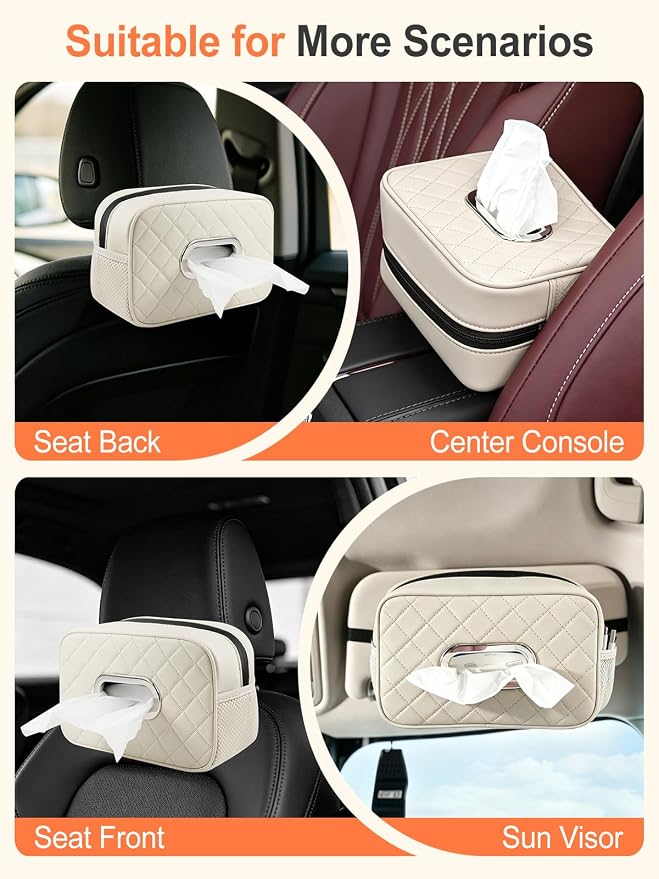 Car Tissue Holder, Diamond-quilted Stitching Tissue Box Cover with 2 Mesh Storage Pockets, PU Leather Rectangle Napkin Organizer Fit for 90-160 Regular Size Tissues,Beige