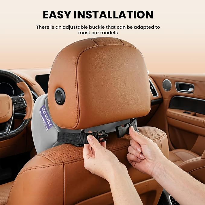 ZZ-WELL Car Headrest Pillow, Car Neck Pillow for Neck Pain Relief with Adjustable Strap, Memory Foam & Breathable Removable Cover, Travel Car Neck Pillow for Pain Relief While Driving (Grey, 1Pack)