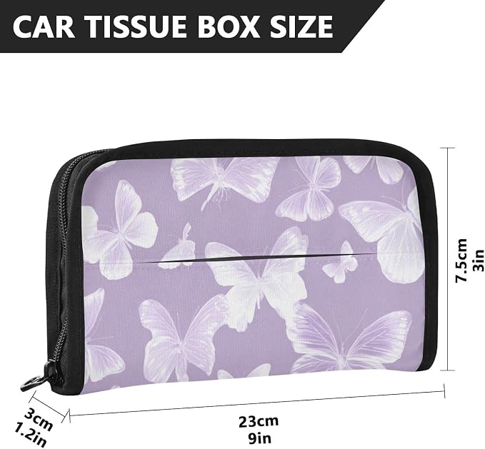 Purple White Butterfly Car Tissue Holder Durable Napkin Holder Hanging Tissue Holders Case Car Tissues Bag for Sun Visor Seat Back Universal Auto