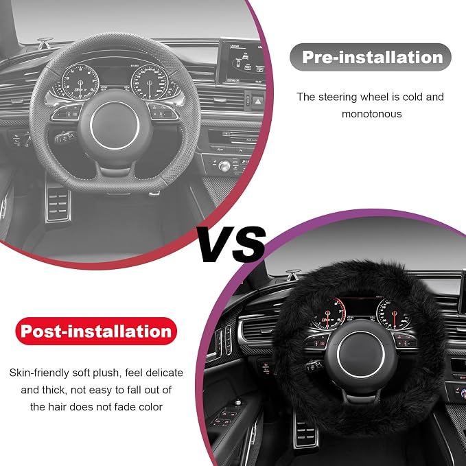 Fluffy Steering Wheel Cover, 15 Inch Anti-Slip Microfiber Plush Fuzzy Steering Wheel Cover, Winter Warm Elastic Fuzzy Steering Wheel Covers for Women and Men, Car Accessories (Black)