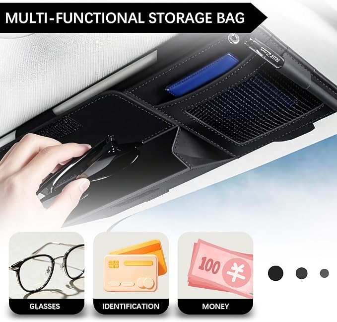 Car Sun Visor Organizer, Visor Accessories, Leather Sunvisor Pocket Organizer Case with Multi-Pocket Net Zipper, Waterproof Auto Sunshade Organizer Bag for Card Pen Sunglasses Document (Black)