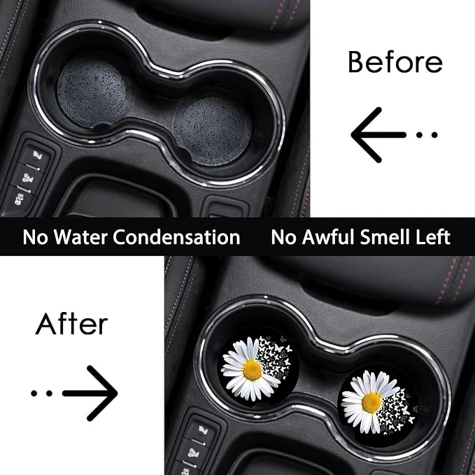 2 Pack Daisy Butterfly Car Cup Holder Coasters Universal Neoprene Coasters | 2.75" Universal Size Anti Slip Rubber Mat, Auto Cup Holder Accessories for SUV Truck, Daisy Gifts for Women Men