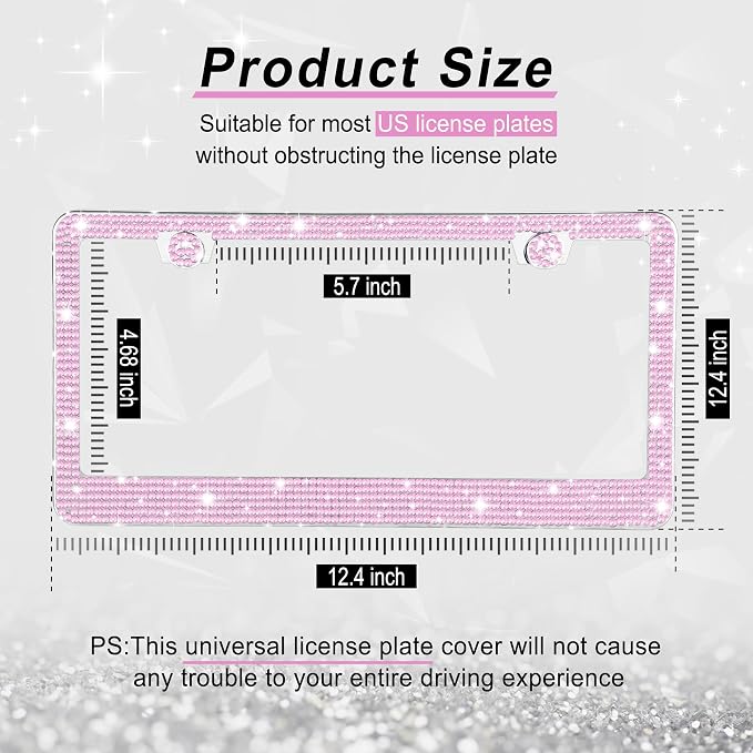 GaRhomxy Bling License Plate Frames for Women, 2 Pack Handcrafted Sparkly Rhinestone Car Accessories, Premium Stainless Steel Frame with 1000+ Faceted Glass Crystals & Free Glitter Caps (Pink)