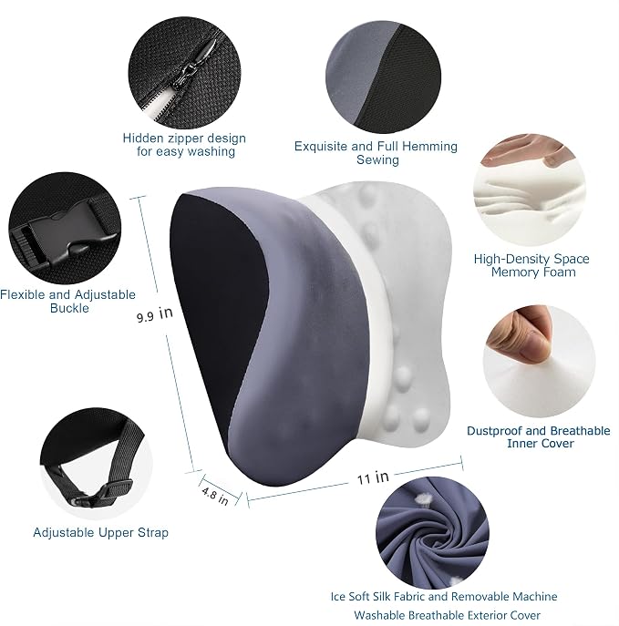 Car Neck Pillow for Neck Pain Relief and Cervical Support,Memory Foam Car Pillow for Car Seat with Adjustable Strap and Breathable Removable Cover,Car Headrest Pillow for Ergonomic Design (Gray)