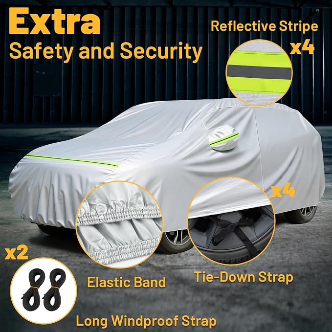 Favoto Car Cover Waterproof All Weather Windproof for Hatchback 157-171’’ | UV Protection, Soft Cotton Lining, Driver Door Zipper, Reflective Strips and Storage Bag Included with Vehicle Fitment Silver