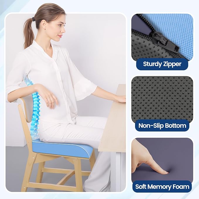 SweetSlubr Seat Cushion for Tailbone Pain Relief, Office Chair Cushion, Memory Foam Large Chair Pad with Non-Slip Cover for Soft Support at Office Chair, Car Seat, Airplane Light Blue/2X-Large