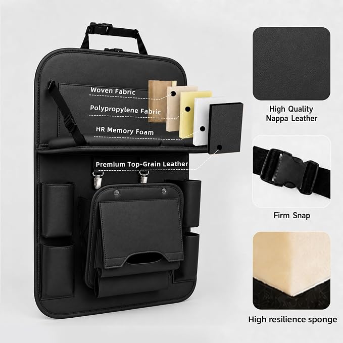 Backseat Car Organizer with Tray, 2 Pack Leather Seat Storage, Black | Foldable Tray Table,Tablet Holder,Trash Can Pocket,Kick Mat Protector,Easy-Clean Leather,2 Pack for Front Seats