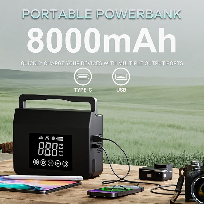 Hieha 4-in-1 Portable Jump Starter 4000A Peak 150PSI Digital Air Compressor | Digital Display, LED Flashlight, 12V, USB Charger, Cordless, Power Bank, Emergency Kit