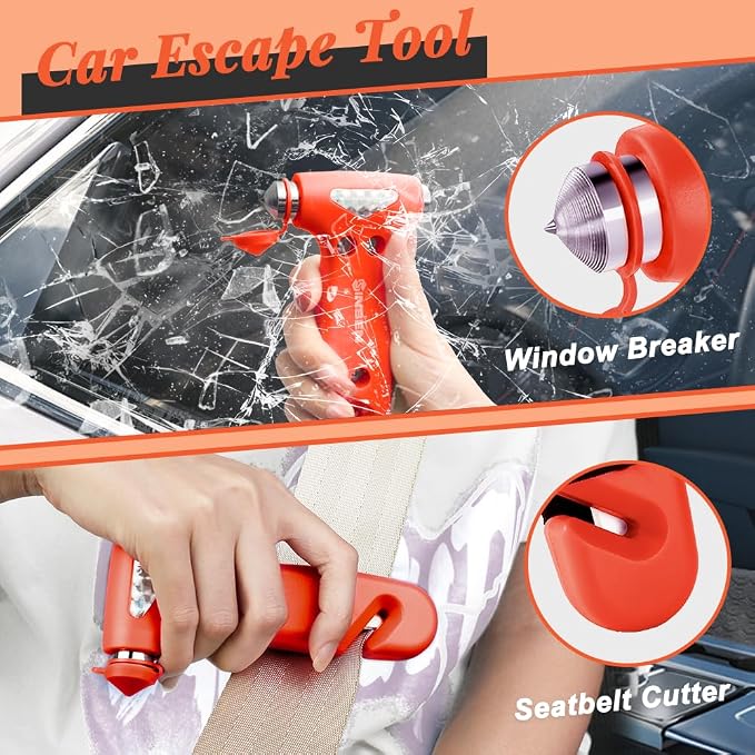 SENSEN Window Breaker Seatbelt Cutter, Car Emergency Escape Tool to Break Glass, Safety Hammer, 3-in-1, 2 Pack, Orange