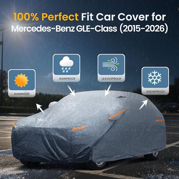 Waterproof Mercedes-Benz GLE350 GLE400 GLE450 GLE43 GLE53 GLE63(2015-2026) Car Cover with Breathable Vents, [Upgrade] Premium Covers with Cotton Liner and Zipper Door,Sun Rain Snow Protection.