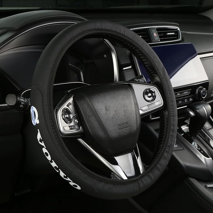 Car Steering Wheel Cover, Leather, Anti-Slip Lining, Universal for Volvo, 14.5-15 Inch, Black