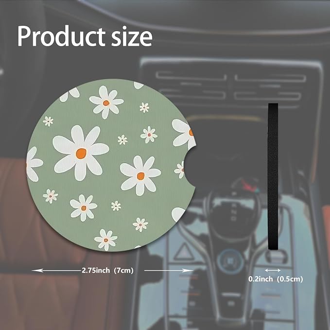2pcs Cute White Flowers Car Coasters,Absorbent Universal neoprener Cup Holder Coasters with a Finger Notch,Car Accessories for Women&Man Interior，2.75" 8