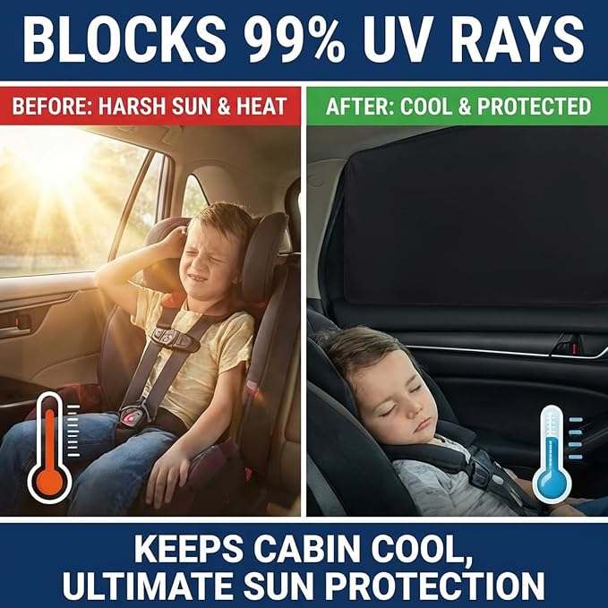 XCBYT Car Side Window Shades for Back Seat Windows, 100% Blackout, 4 Pack | Heat & UV protection, Privacy for camping, baby sleep, work break, road trip. Fits steel frames only, measure size before buy