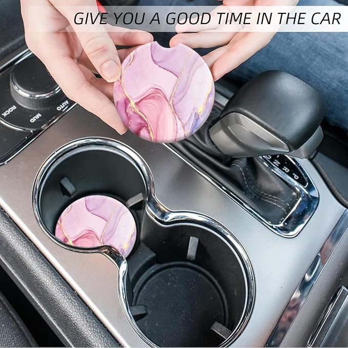 Cup Holder for Car,Pink Gold Liquid Marble Print Ceramic Coasters Non-Slip Cup Holder Insert with Fingertip Grip, Auto Interior Accessories for Women & Men,Pack of 2, 2.56In