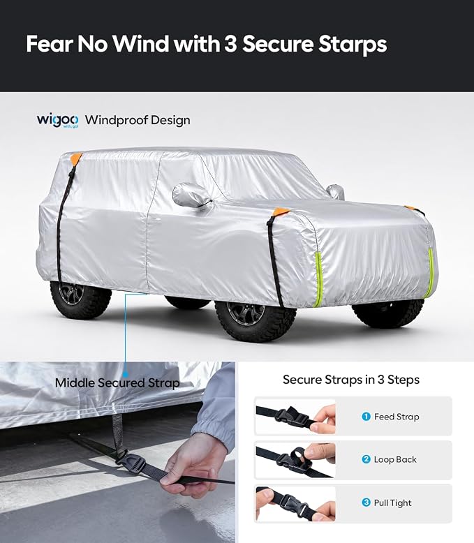 Wigoo Ford Bronco 4-Door Car Cover Accessories 2021-2026, Custom Fit Waterproof All Weather Outdoor Indoor Full SUV Cover, Windproof Sun UV Rain Snow Dust Protection, Door Zipper, Reflective Strips