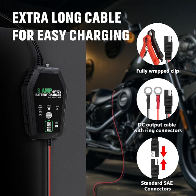 3 AMP Battery Charger, 6V/12V Car Motorcycle Smart Trickle Chargers | Fully Automatic Battery Chargers, Battery Maintainer for Car, Motorcycle, Boat, Lead-Acid, Lithium, LiFePo4 Batteries