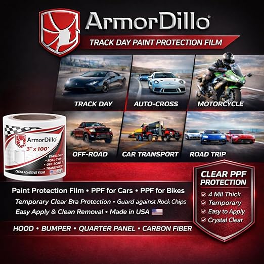 ArmorDillo Temporary Paint Protection Film 3" x 100', Clear Adhesive Car, Bike, Auto Paint Protect Film Tape, Perfect for First-Time Users, Clear PPF, for Track Day, Road Trips, Free Utility Knife