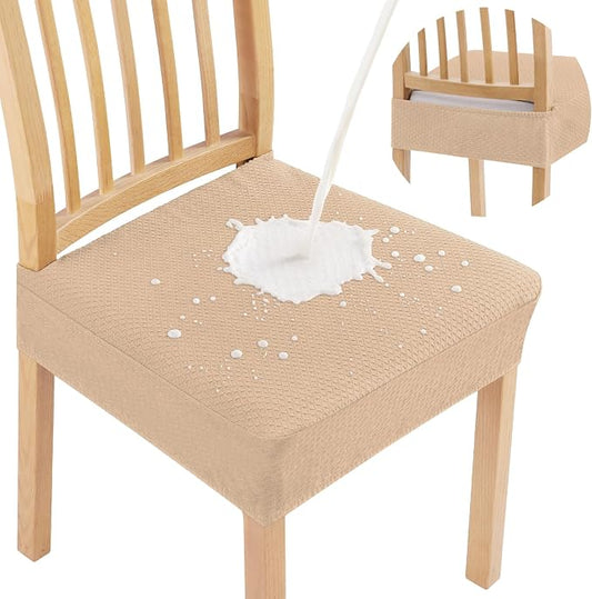 Smiry Waterproof Seat Covers for Dining Room Chairs Set of 4, Stretch Jacquard Removable Washable Chair Seat Slipcovers Protector, No Rear Covers, Khaki