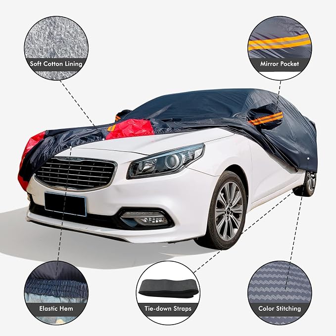 Car Cover Waterproof All Weather for Automobiles, 6 Layers Outdoor Full Exterior Cover Rain Sun UV Snowproof Protection with Zipper Cotton, Mirror Pocket for Sedan (173-183 inch)