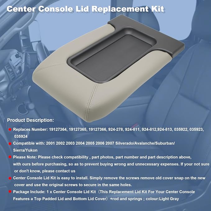 NHILES Center Console Lid Compatible with 1999-2007 Silverado Sierra | Fits 1999-2007 Avalanche Suburban Yukon Tahoe, Replaces OEM 19127364 19127365 19127366, Leather Cover, Black