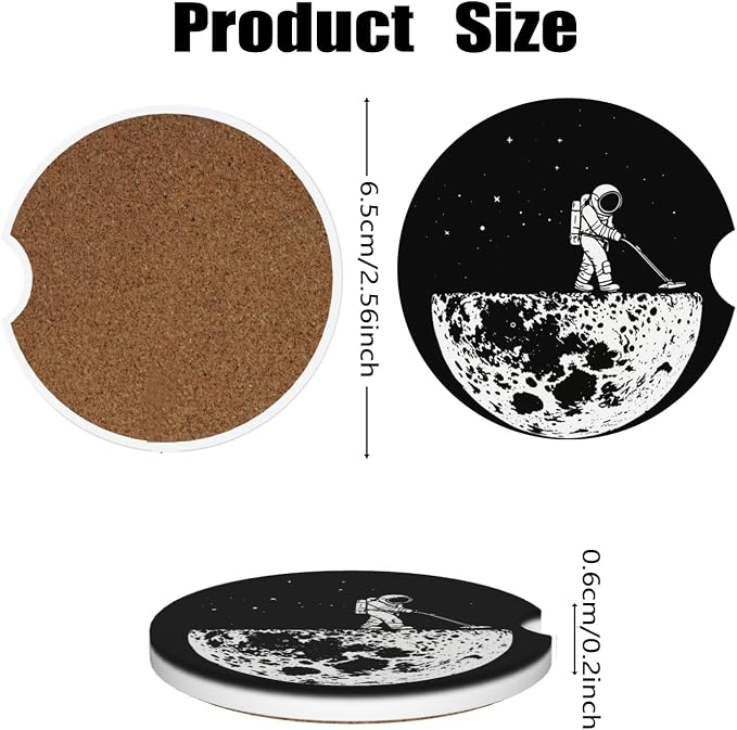 Ceramic Car Cup Coasters 2PCS - Moon Vacuum Cleaner | with Cork Back & Finger Slot, Anti-Slip Shock Absorbing, Universal Car Interior Accessories for Men Women