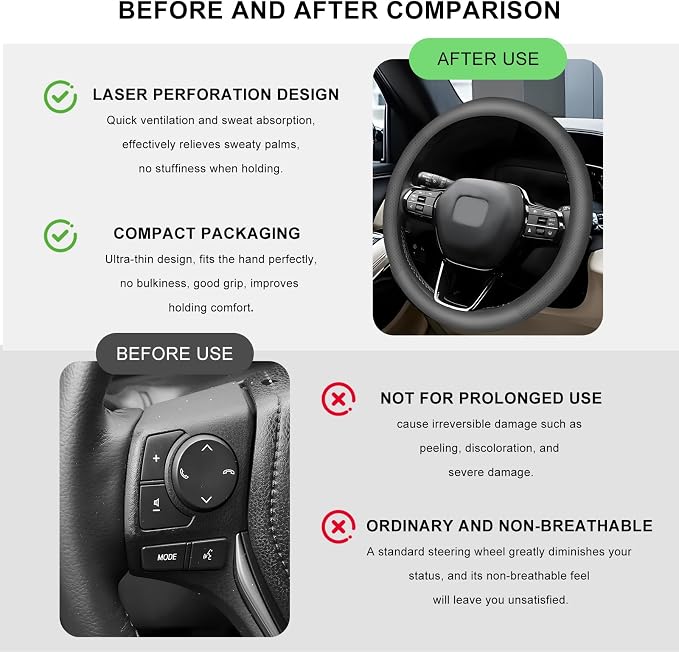 Car Steering Wheel Cover, 15 Inch Breathable Leather Automotive Steering Wheel Protector, Non-Slip Perforated Vehicle Wheels Cover for SUV Truck Van, Interior Car Accessories (Gray)
