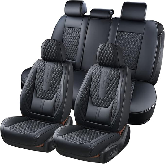 Coverado Car Seat Covers Full Set, Black Seat Covers for Car with Lumbar Support, Nappa Leather Seat Covers Waterproof Car Seat Protectors Universal Fit for Most Cars SUV Trucks