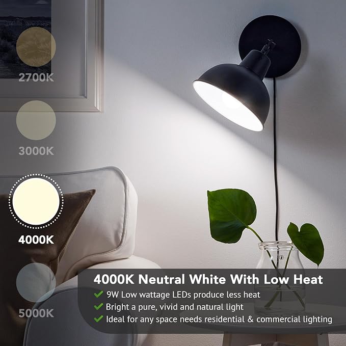 Maylaywood A19 LED Light Bulbs, 60 Watt Equivalent, 4000K Neutral White, 850LM, Non-Dimmable, E26 Base, 9W Bright White LED Bulbs, 4-Pack