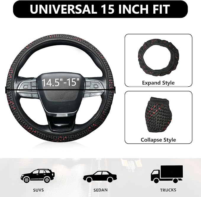 KAFEEK Elastic Mesh Car Steering Wheel Cover, Cute Black Red, 15 Inch | Cooling Breathable Fabric, Non Slip Protector for Women Men, Summer Winter, Universal Fit