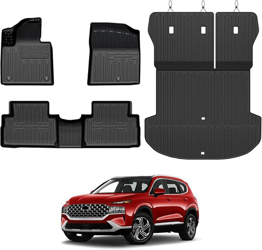 Floor Mats for 2021-2023 Hyundai Santa Fe Gas Accessories | Full-Coverage Set with Integrated Cargo Liner & Backrest Protector, Odorless & Durable, All-Weather Protection, 3D Laser Fit