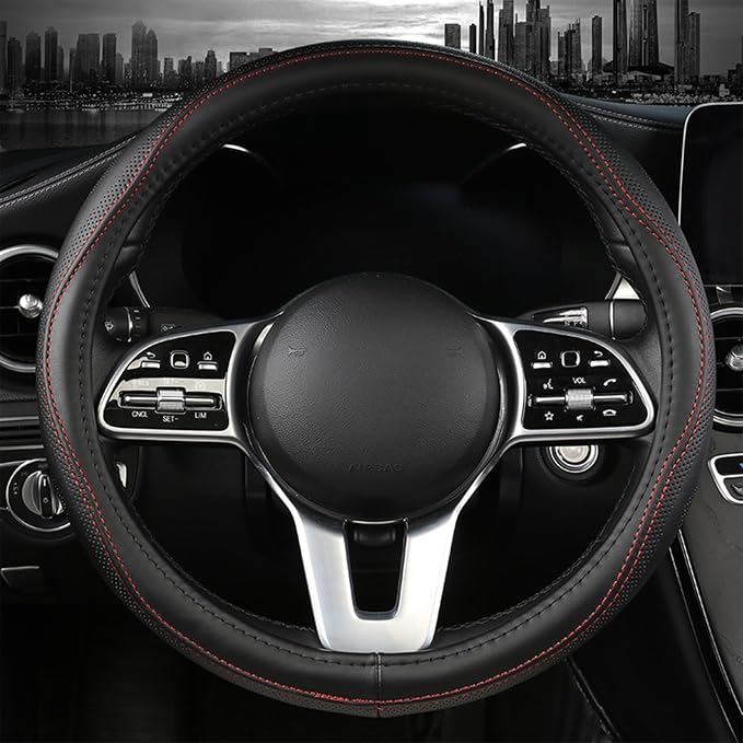 Genuine Leather Steering Wheel Cover, Black Real Cowhide for 14.5-15 Inch Steering Wheels, Universal Fit for Cars and Trucks (BlackRed)