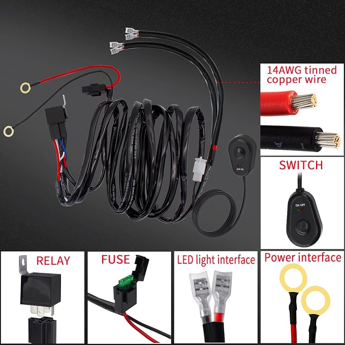 LED Lights Bar Wiring Harness Kit 2 Leads DC12V On-Off Switch Power Relay Blade Fuse 14AWG Core Cable Wiring Harness Kit fit for LED Driving Lights Bar Work Auxiliary Lights