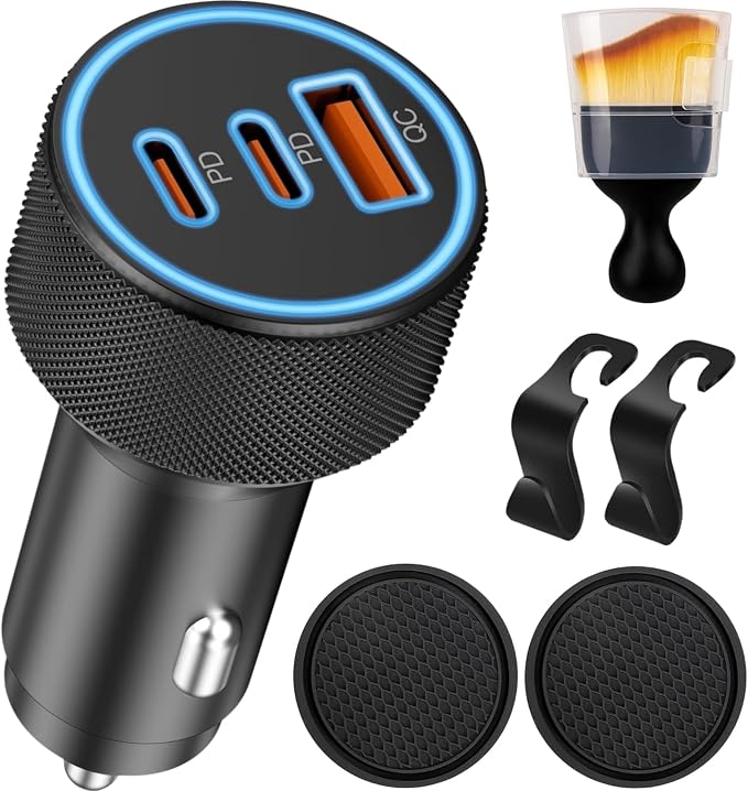 142.5W Car Charger Super Fast Charging Cigarette Lighter USB Phone Accessories Charger Adapter with QC USB c Type c PD Universal Quick Charge Multi 3 Port for 12-24v Car Cigarette Lighter Plug
