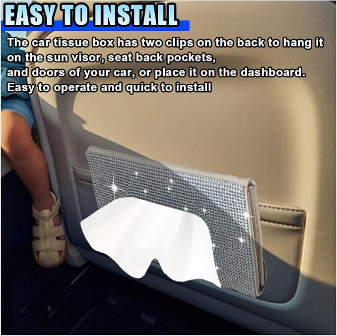 Bling Car Sun Visor Tissue Box Holder, PU Leather Auto Paper Towel Cover, Glitter Crystal Rhinestone Napkin Holder, Car Decoration Accessories for Women (Beige/White)