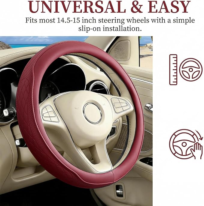 Car Steering Wheel Cover, Breathable Anti-Slip Vehicle Steering Wheel Protector with Inner Ring, Automotive Interior Protective Accessories, Universal for SUV RV Truck (Red)