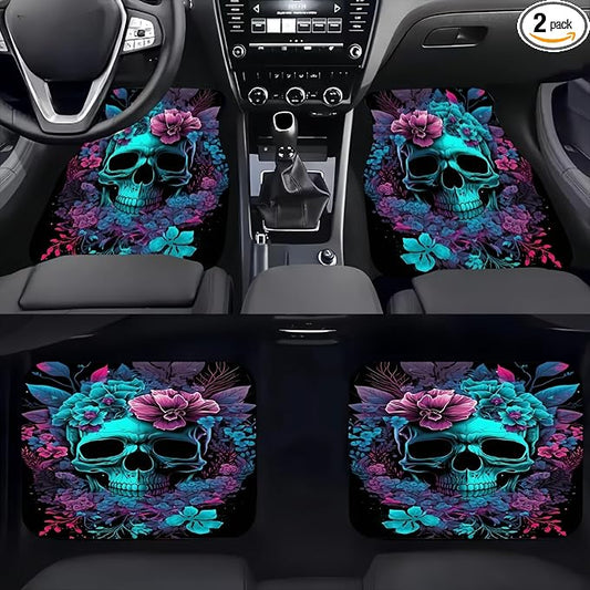 Universal Fit Car Floor Mats Set of 4Pcs, Blue Skull and Flower All-Weather Front Rear Car Carpet Mats, Non-Slip Car Floor Mat Car Accessories for Automotive Trucks SUV Sedans Vans