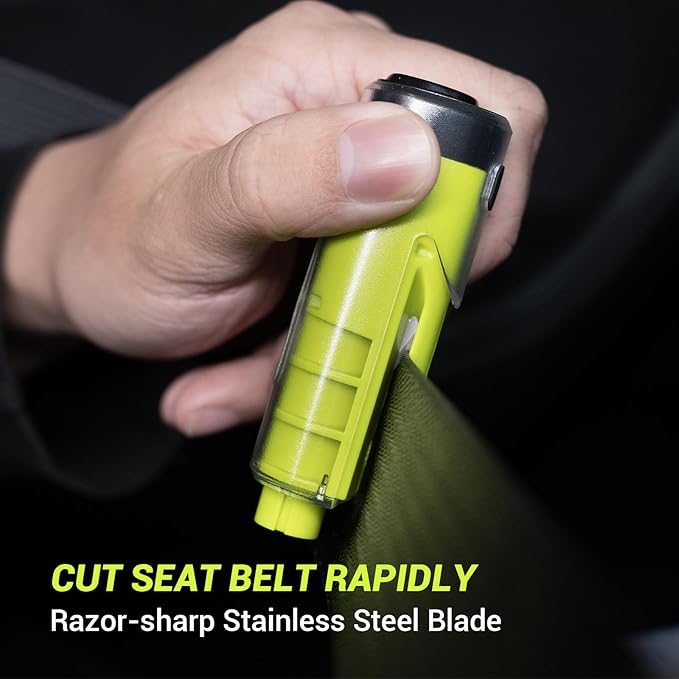 SodaRide Window Breaker Seatbelt Cutter with Flashlight,3 in 1 Car Escape Tool Key Chain,Safe Hammer Glass Breaker Under Water,2 Pack Green