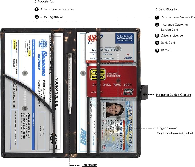 TOURSUIT Car Registration and Insurance Card Holder, Marble Black | Vehicle License Document Organizer, Glove Box Compartment, Interior Car Accessories, For Women Men