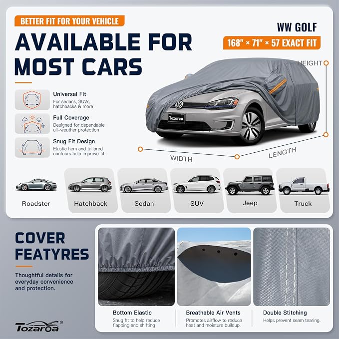 Hatchback Cover Waterproof All-Weather,Outdoor Full Exterior Car Covers Custom Fit for VW Golf,Honda,Ford Focus,Toyota Yaris,Chevrolet Bolt,Ioniq,Clubman,Suzuki SX4 etc Size H1(See Size Chart)