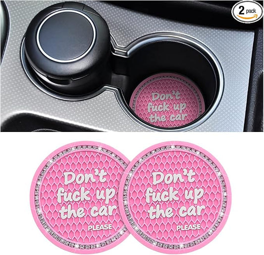 2 Pack Bling Car Coasters for Cup Holder, Crystal Rhinestone 2.75 in Cup Holder Coaster, Silicone Anti-Slip Insert Cup Mats for Women, Interior Accessories Universal for Most Cars (Pink)