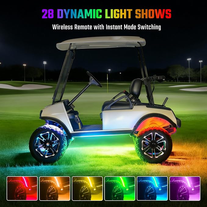 CLUBRALLY Golf Cart Underglow LED Light Strip Kit, 28 Modes Neon Underbody Glow, 12-85V, Music Sync, Wireless Remote, IP67 Waterproof Flexible Tubes, Fits EZGO, Club Car, Yamaha, 2 Pack