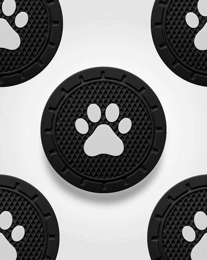 Coaster for Cup Holder - 4 Pack Silicone Auto Drink Coasters Mat Cat Dog Paw Universal Non-Slip Inserts Car Interior Accessories, Black