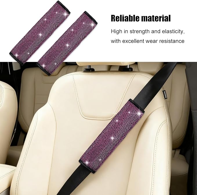 8PCS Bling Car Accessories Set, Sparkly Rhinestone Vehicle Steering Wheel Seat Belt Gear Shift Start Stop Button Cover, Diamond Auto Cup Holder Coaster Decoration, Universal Fit (Pink)